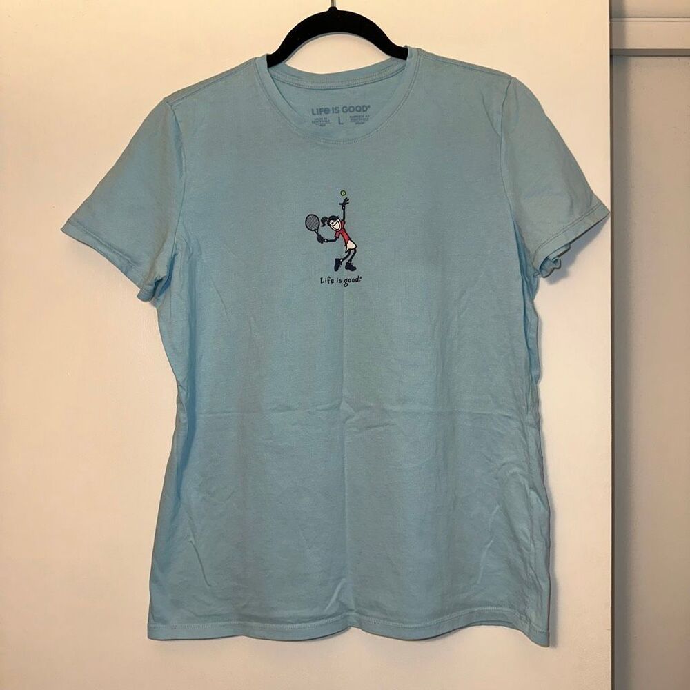 Life is Good Women’s Large Blue Short Sleeve Crew Tee Shirt Tennis Graphic GUC